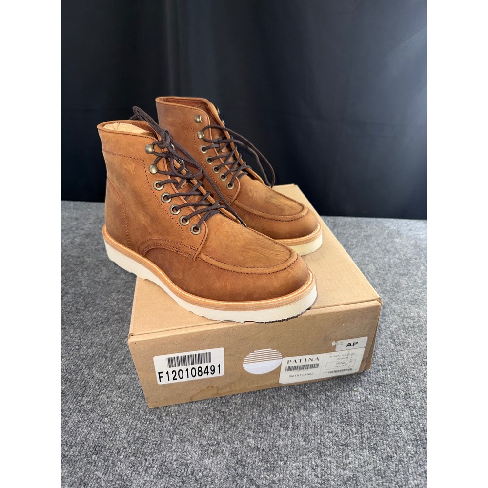 Patina AP Moc Toe Boots Caribou Brown Leather Lace Up Wedge Sole Mens 8.5